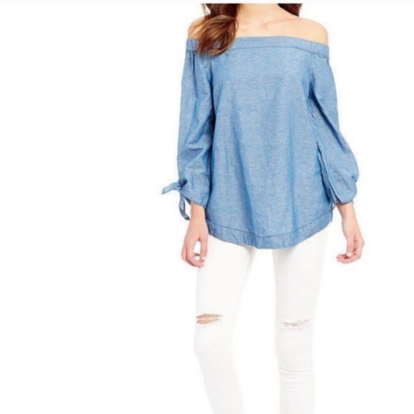 Free People Off Shoulder Jean Blouse 52%cotton 48%linen Size S - Picture 3 of 10